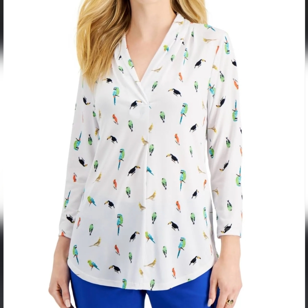 Charter Club Women's 3/4 Sleeve Printed Pleat-Neck Top Size XL Petite
